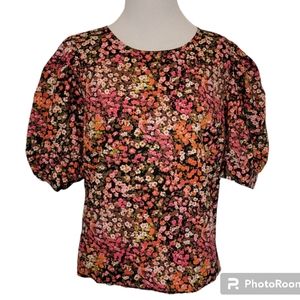 H&M Women's Puff Sleeve Black and Pink Floral  Blouse - L